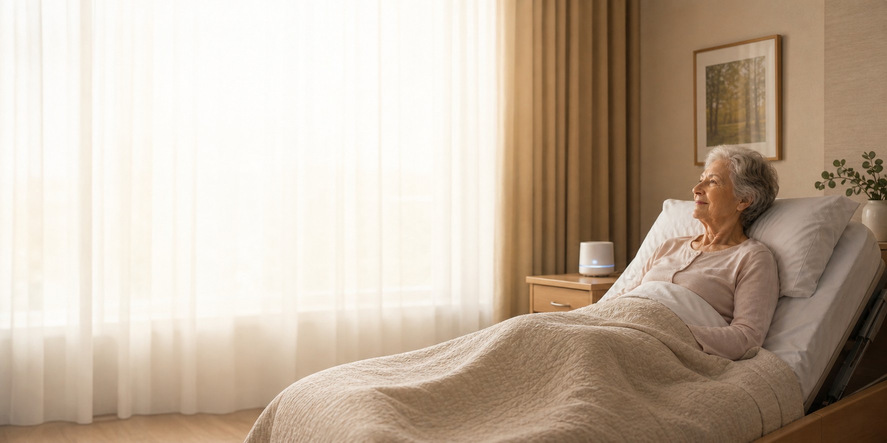 A resident resting calmly in a sunlit care-home room