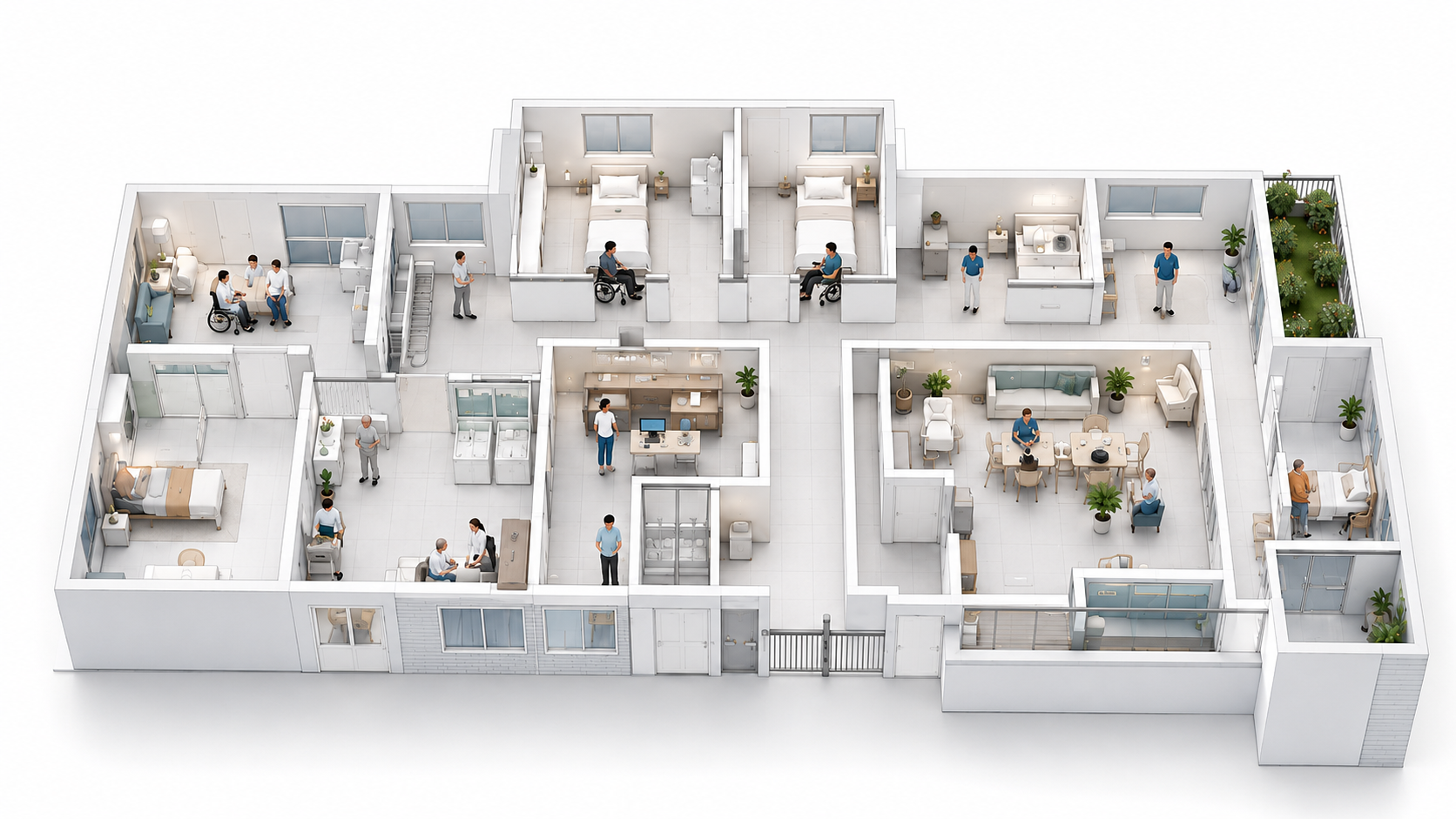 A cutaway view of a care home, every room connected