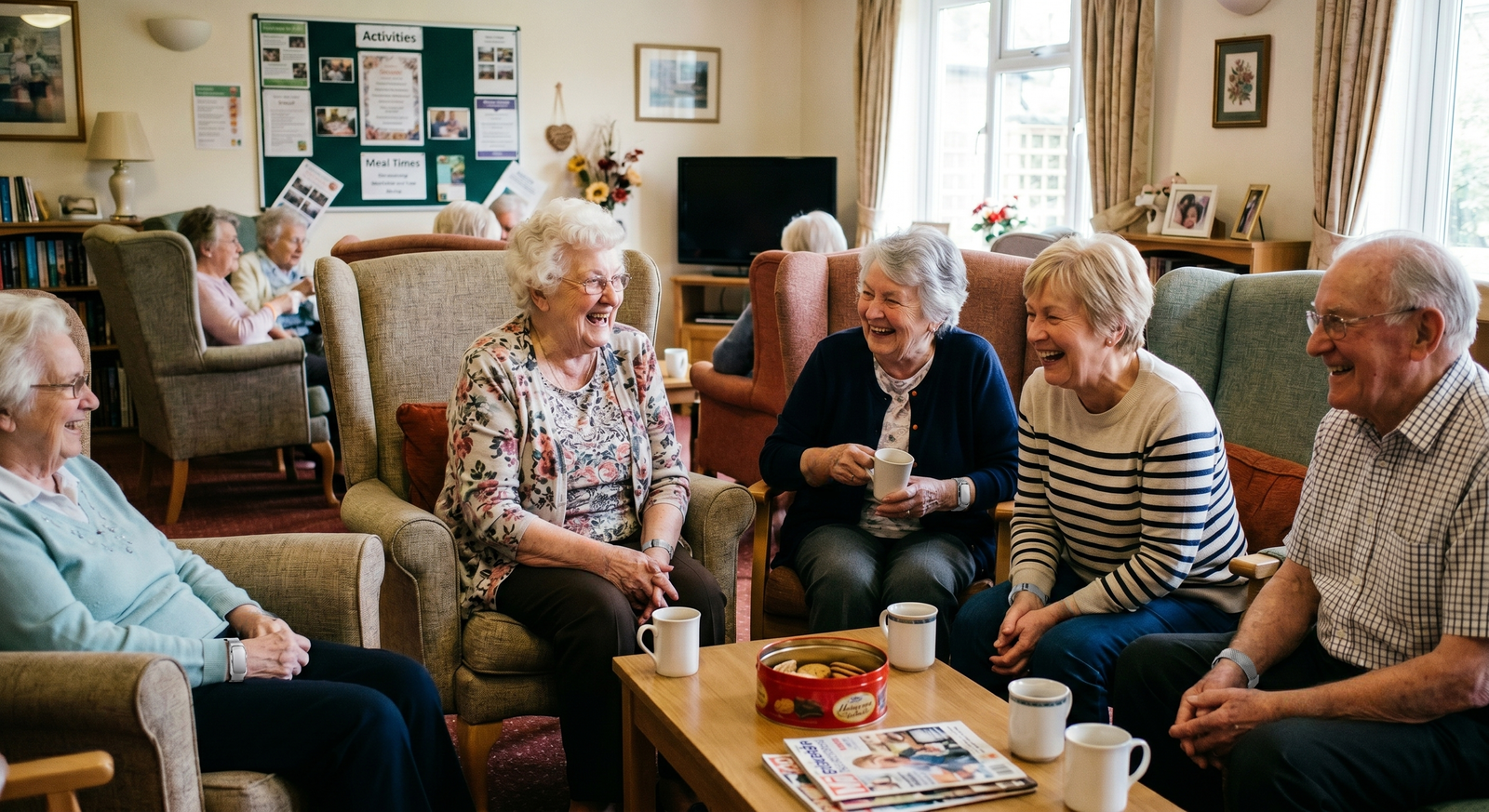 Care Home residents chatting together in the lounge