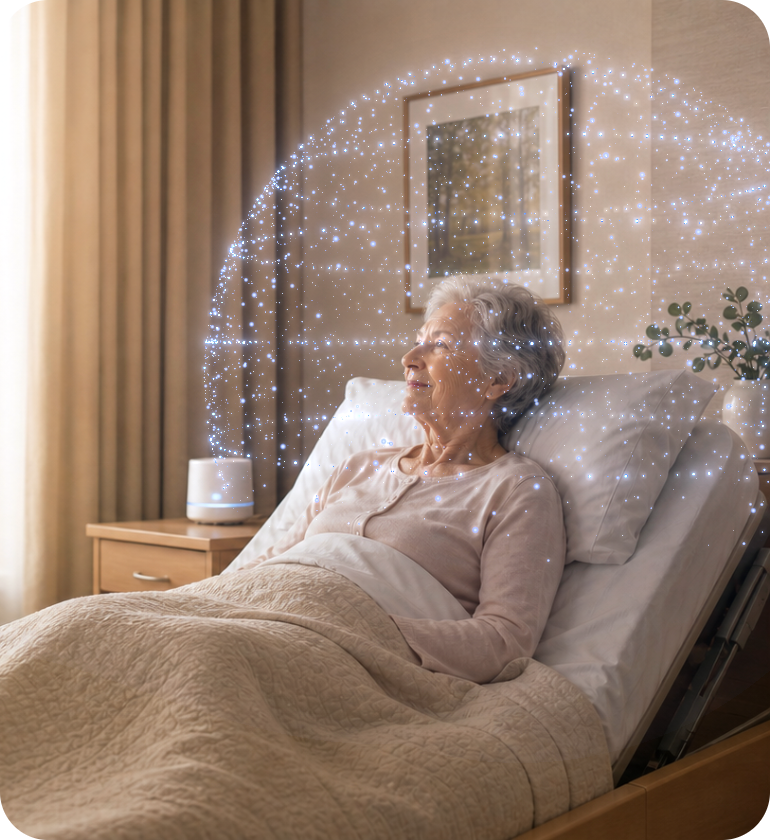 A resident resting calmly in a sunlit care-home room
